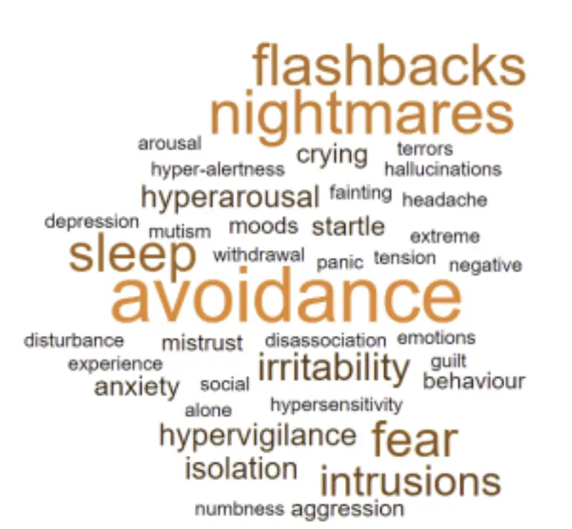 Wordcloud showing symptoms of PTSD